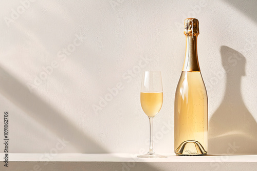 Bottle and glass of champagne on white background, hard shadows. Copy soace. Holidays, Valentine's Day, New Year concept