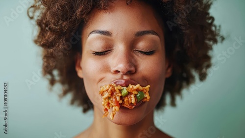 Close-up of a woman with eyes closed, savoring a mouthful of messy pasta, capturing the joy of indulging in food.