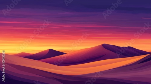 Fiery sunset paints desert dunes in vibrant hues, creating a breathtaking, tranquil scene