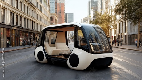 A minimalist, electric urban car with an ultra-compact design, foldable mirrors, and smart glass windows, ideal for sustainable city living