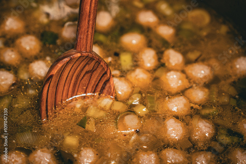 Eine heiße Suppe köchelt auf dem Herd, während sie mit einem Holzlöffel sorgfältig gerührt wird. Der Duft von frischen Zutaten erfüllt die Küche und schafft eine gemütliche Atmosphäre