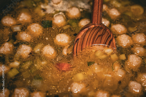 Eine heiße Suppe köchelt auf dem Herd, während sie mit einem Holzlöffel sorgfältig gerührt wird. Der Duft von frischen Zutaten erfüllt die Küche und schafft eine gemütliche Atmosphäre