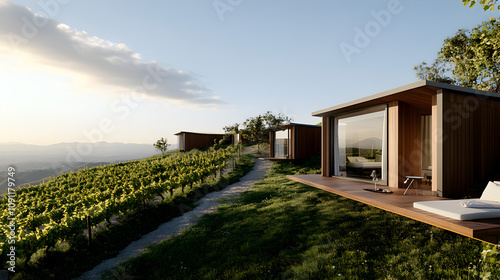 Elevated ultramodern tourist accommodations are nestled on a vineyard slope, offering unique, luxurious single units with panoramic views, blending contemporary architecture. 3D render.