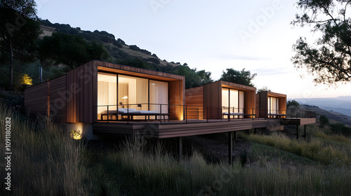 Elevated ultramodern tourist accommodations are nestled on a vineyard slope, offering unique, luxurious single units with panoramic views, blending contemporary architecture. 3D render.