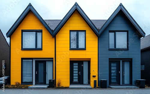 A striking yellow house among dull, gray houses, symbolizing personal style and distinction in the housing market with a bold, modern design