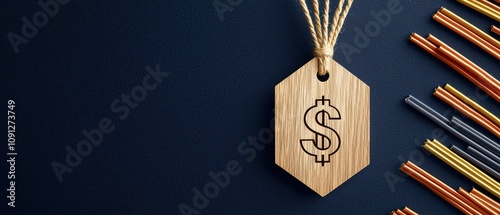 Stylish wooden price tag with a dollar sign on a dark background, ideal for retail, sales, or advertising concepts.