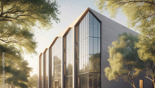 A sleek, modern office building with floor-to-ceiling reflective glass windows, its angular lines and geometric shape contrasting with the soft, lush greenery of the surrounding trees, their leaves ru