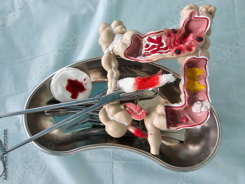 Surgical interventions on the intestines. Intestinal surgery. Colon resection and treatment concept