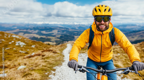 Mountain Biking Adventure: A thrill-seeking cyclist conquers a scenic mountain trail, radiating joy and exhilaration against a breathtaking backdrop of majestic peaks. 