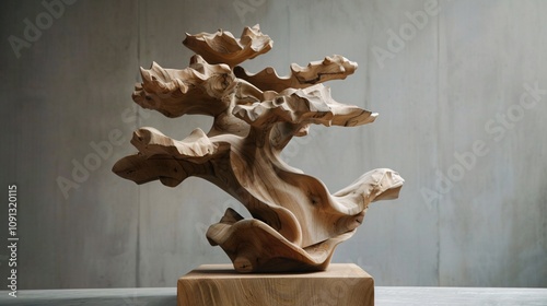 Mesmerizing abstract wooden sculpture featuring intricately carved flowing organic shapes and textured surfaces This unique modernist piece evokes a sense of natural elegance and serene