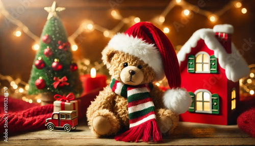 Christmas Teddy Bear with Holiday Village Scene