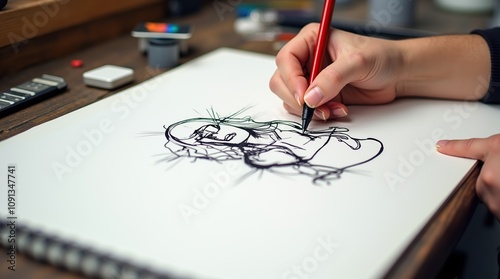 Artist Drawing on Bristol Board with Ink Pen in Studio