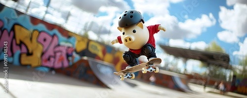 Skateboarding Piggy Bank in Action - A Fun and Dynamic Ollie at a Graffiti-Covered Skate Park with Ramps and a Vibrant Sky