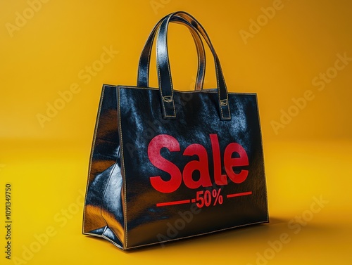 Shiny black sale bag reflecting light on yellow backdrop