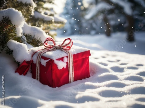 Ein rot verpacktes Geschenk steht mitten im Schnee vor einem verschneiten Tannenbaum, die Sonne scheint