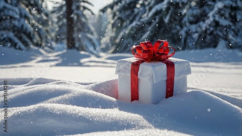 Ein Geschenk mit roter Schleife steht mitten im Schnee, dahinter sind verschneite Tannenbäume zu sehen, die Sonne scheint