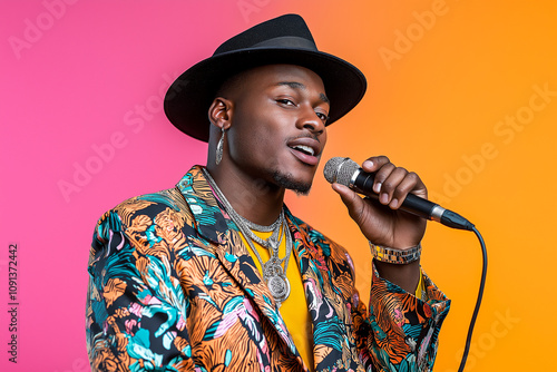 stylish man in vibrant floral jacket and hat sings into microphone against colorful background, exuding confidence and charisma