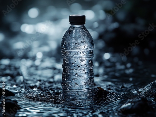 Water bottle amidst flowing river currents.