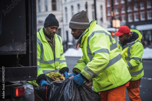 Group portrait of a sanitation workers in city during winter