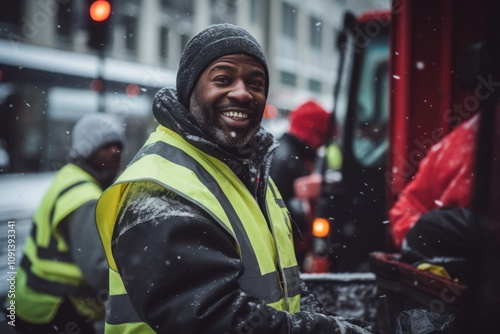 Group portrait of a sanitation workers in city during winter