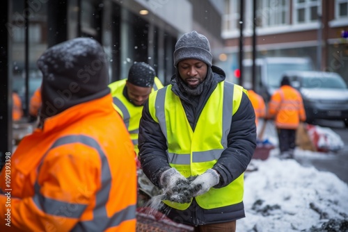 Group portrait of a sanitation workers in city during winter