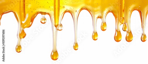 A golden honey stream flows diagonally across a white background, showcasing its clear, shiny, and natural appearance with air bubbles adding to its unrefined beauty.