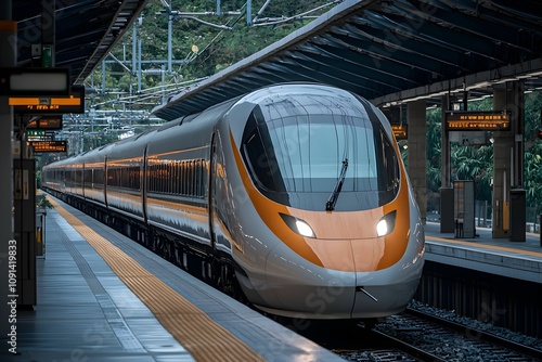 Modern bullet train arrives at urban station during daylight hours