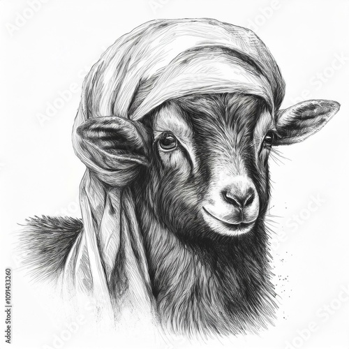 illustration of a black and white goat with headscarf on charcoal drawing isolated on white background