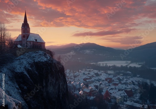 The historic church in Spania Dolina stands out as the sun sets over an old mining village in Slovakia during winter.