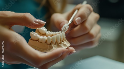 Hands of dentist doctor showing how to brush teeth using jaw model, cropped