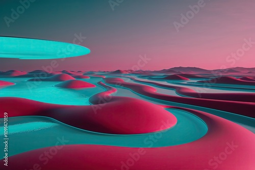 Stunning Minimalist Neon Landscape Featuring Teal and Crimson Streams in a Futuristic 3D Environment