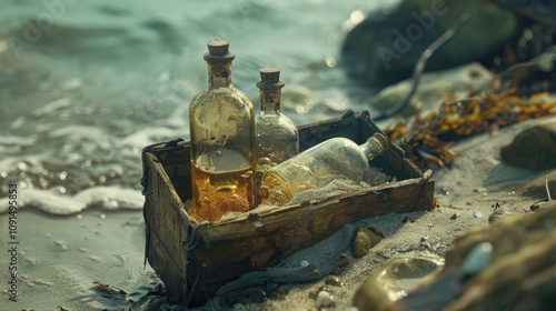 Write about the discovery of a washed-up crate containing vintage perfume bottles on a secluded beach, unraveling the mystery of their origin