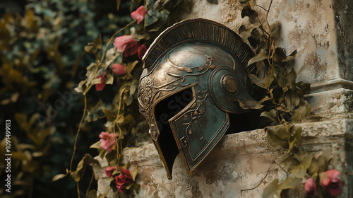 A close-up of a bronze Spartan helmet resting on a weathered stone altar, with vines and flowers growing around it