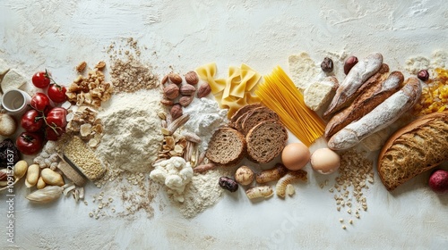 Assorted carbohydrates including bread, pasta, grains, and flour artfully arranged on a light textured background, emphasizing unhealthy eating habits and dietary choices.