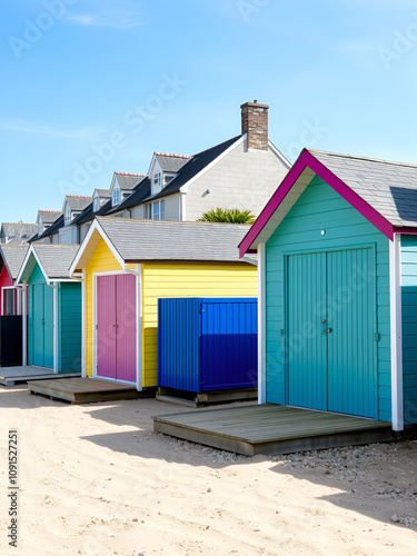 Colorful beach huts on the French Opal Coast