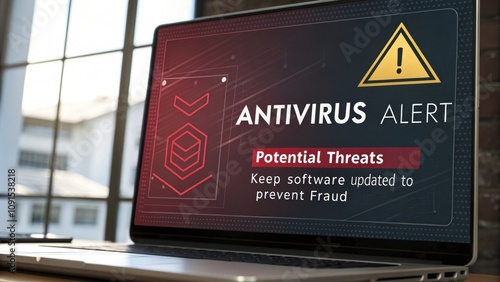 A visual of a computer screen with an antivirus alert showing the importance of keeping software updated to prevent fraud.