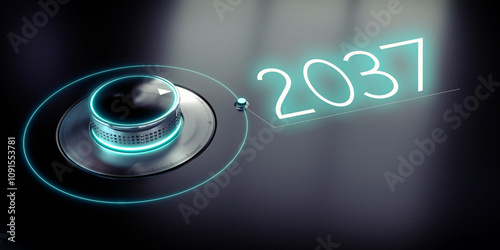 2037 - rotary knob and glowing word - 3D illustration