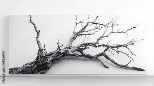 A grayscale image of a large dead tree branch