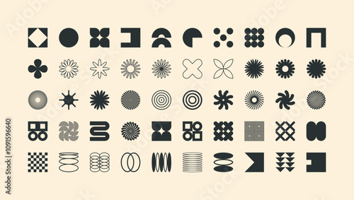 Brutalist geometric shapes, modern symbols. Simple primitive elements and forms. Retro design, trendy contemporary minimalist style, y2k. Vector illustration