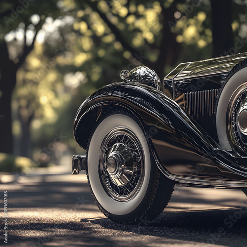 Classic black vintage car with whitewall tires parked under autumn sunlight. 