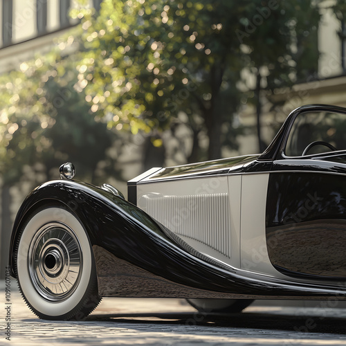 Classic black vintage car with whitewall tires parked under autumn sunlight. 