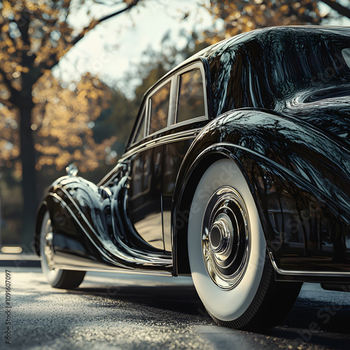 Classic black vintage car with whitewall tires parked under autumn sunlight. 