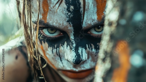 A face painted with fierce tribal art, peering intensely from behind a tree trunk, conveying themes of strength and mystery in nature's backdrop.