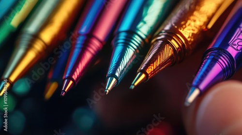 Vibrant close-up of metallic colorful pens held in a hand, showcasing a variety of hues perfect for special occasions and decorative stationery needs