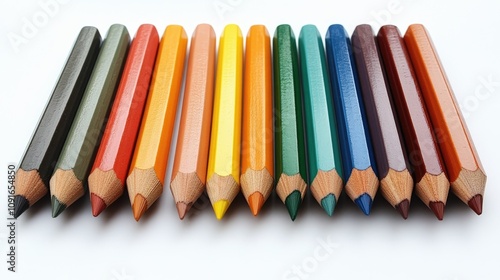 Vibrant array of sharpened colored pencils neatly aligned, showcasing a spectrum of hues against a clean white backdrop.