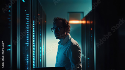 IT Professional Monitors Server Performance in a High-Tech Data Center at Night