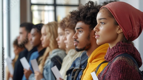 Medium long side view shot of ethnically diverse young people standing in line to get ballot papers at voting station