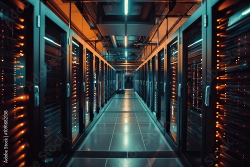 Rows of sleek servers occupy a modern data center, illuminated by warm lighting that creates a vibrant atmosphere during the evening hours.