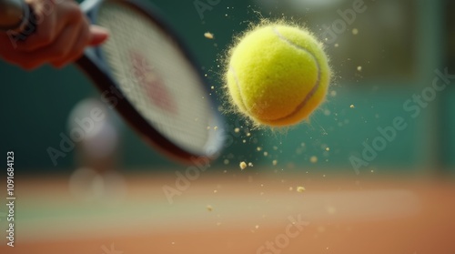 A close-up of a tennis racket striking a yellow tennis ball during a backhand shot, with a shallow depth of field that emphasizes the moment of contact