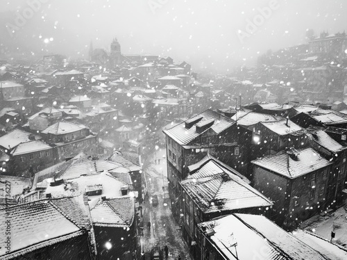 Snowflakes on the roofs of houses in Turin, Piedmont, Italy.